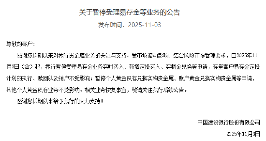 鼎配配资 建设银行：暂停受理易存金等业务